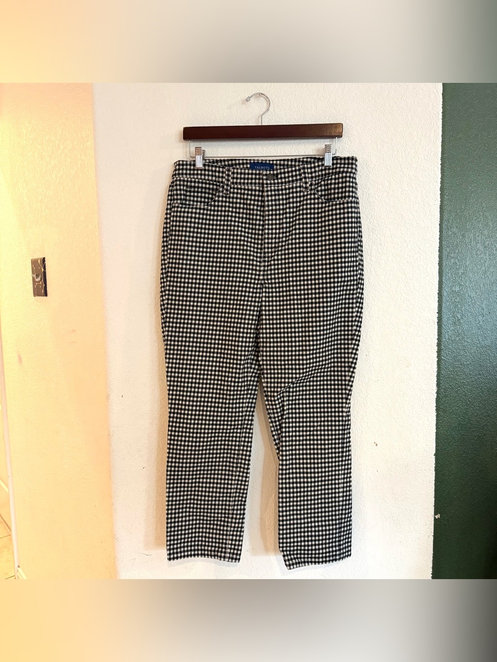 Talbots Womens Pants Black White Plaid Corduroy High Waist Straight Leg Size 12